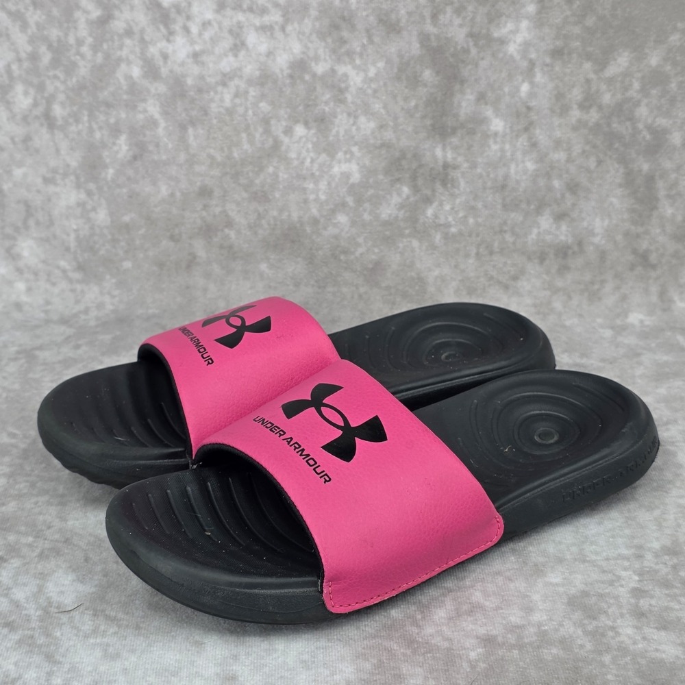 Under Armour Ignite Black/Pink Cushioned Slides Sandals Girls Size 4Y